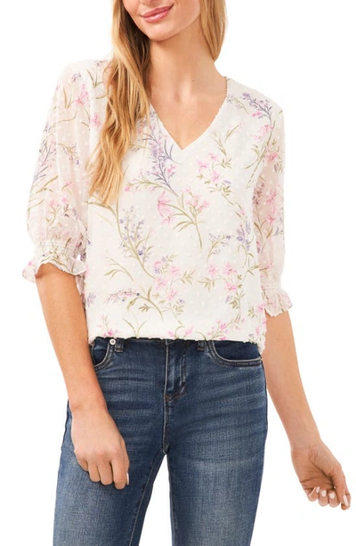 Cece Floral Clip Dot Chiffon Top In New Ivory