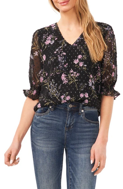 Cece Floral Clip Dot Chiffon Top In Rich Black