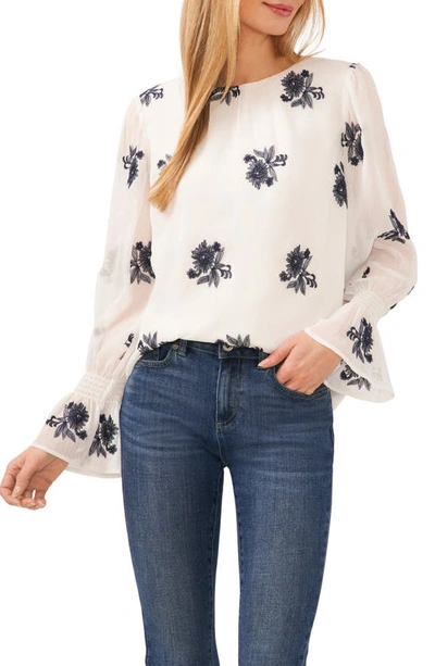 Cece Floral Embroidered Ruffle Cuff Georgette Top In New Ivory