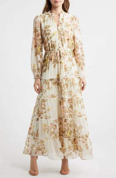Cece Floral Long Sleeve Tiered Maxi Dress In White