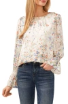 Cece Floral Ruffle Cuff Charmeuse Top In Egret
