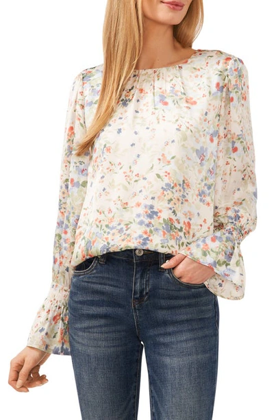 Cece Floral Ruffle Cuff Charmeuse Top In Egret