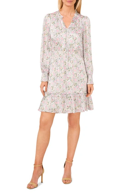 Cece Floral Smocked Ruffle Long Sleeve Dress In New Ivory