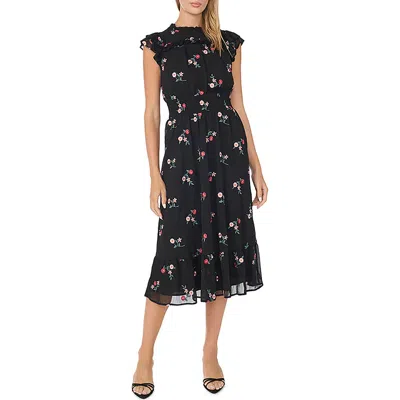 Cece Flutter Sleeve Smocked Waist Midi Dress In Rich Black