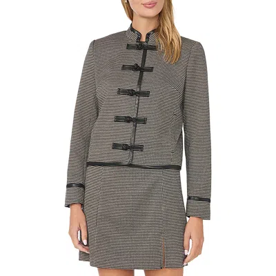 Cece Mandarin Collar Faux Leather Trim Short Jacket In Gray