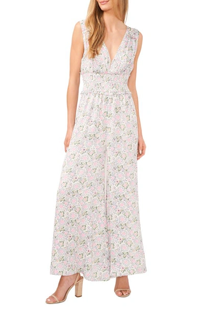 Cece Print Smocked Waist Sleeveless Wide Leg Jumpsuit In New Ivory