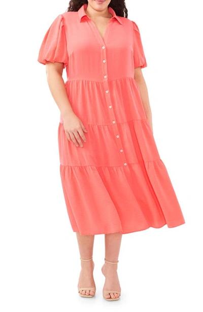 Cece Puff Sleeve Tiered Maxi Shirtdress In Calypso Coral