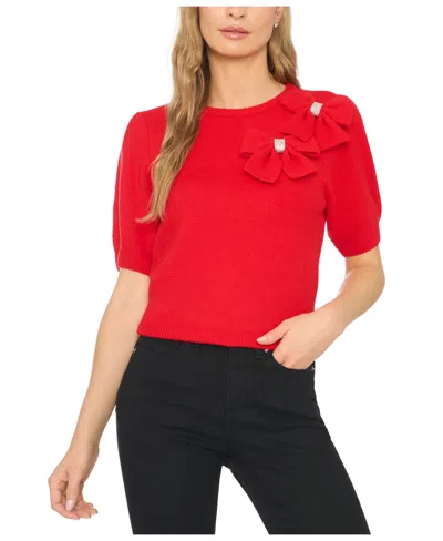 Cece Women's Embellished Bow Applique Crewneck Short-sleeve Sweater In Red