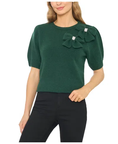 Cece Women's Embellished Bow Applique Crewneck Short-sleeve Sweater In Green