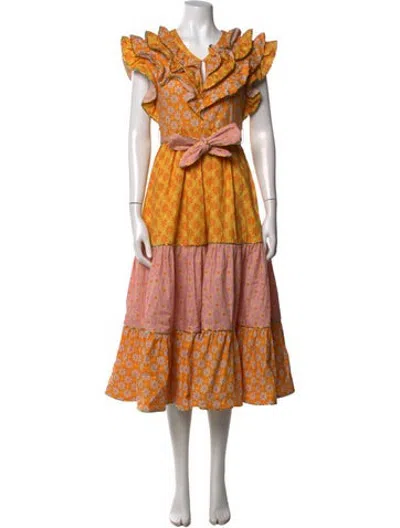 Pre-owned Celia B Floral Print Midi Length Dress In Metallic/orange