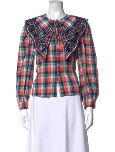 Pre-owned Celia B Plaid Print Tie Neck Blouse W/ Tags In Multicolor
