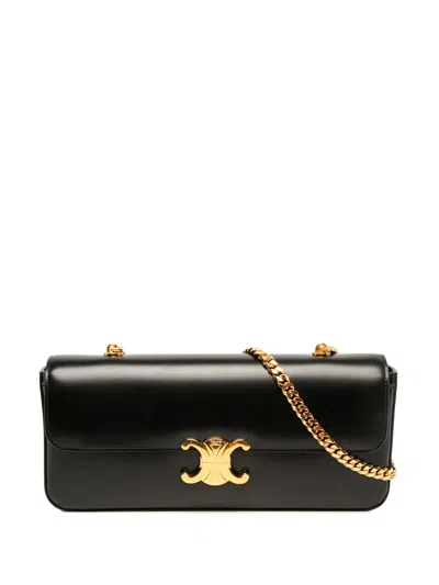 Pre-owned Celine 2021 Shiny Calfskin Triomphe Chain Shoulder Bag In Black