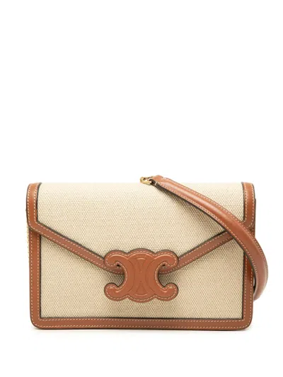Pre-owned Celine 2022 Canvas And Calfskin Cuir Triomphe Margo Wallet On Chain Crossbody Bag In Neutrals