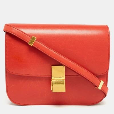 Pre-owned Celine Coral Red Leather Medium Classic Box Shoulder Bag