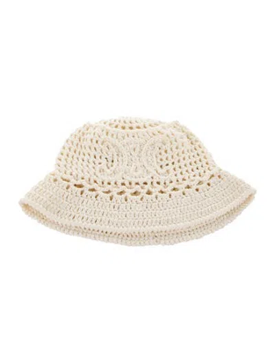 Pre-owned Celine Crochet Knit Triomphe Bucket Hat In White