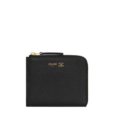 Celine Flat Zipped Wallet Triomphe Stamp In Supple Grained Calfskin In Black