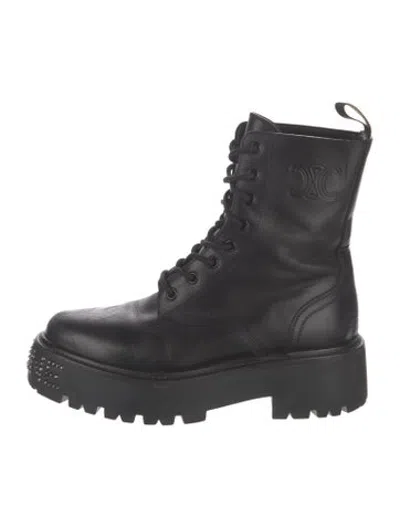 Pre-owned Celine Leather Studded Accents Lace-up Boots In Black