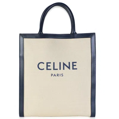 Pre-owned Celine Navy Natural Canvas Calfskin Logo Print Small Vertical Cabas Tote