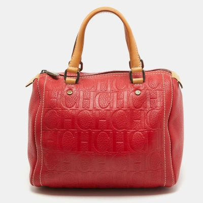 Pre-owned Ch Carolina Herrera Red Monogram Embossed Leather Andy Boston Bag