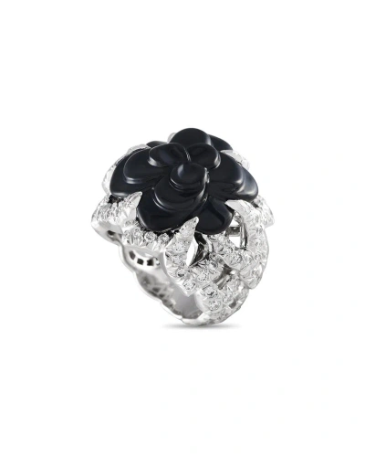 Pre-owned Chanel 18k 2.50 Ct. Tw. Diamond & Onyx Camellia Ring (authentic )