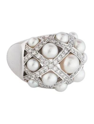 Pre-owned Chanel 18k Pearl & Diamond Matelassé Cocktail Ring In Multicolor