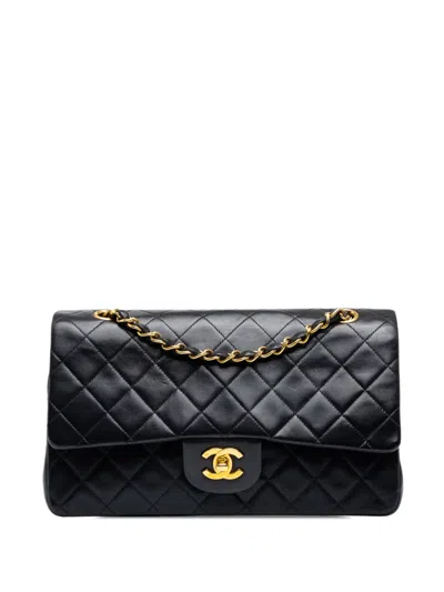 Pre-owned Chanel 1994-1996 Medium Classic Lambskin Double Flap Shoulder Bag In Black