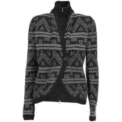 Pre-owned Chanel 2004 Dark Grey Cashmere Double-layer Cardigan With Geometric Motif In Gray