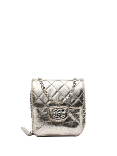 Pre-owned Chanel 2012 Quilted Metallic Aged Calfskin Clams Wallet On Chain Crossbody Bag In Gold