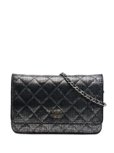 Pre-owned Chanel 2014 Cc Quilted Metallic Fabric Wallet On Chain Crossbody Bag In Grey