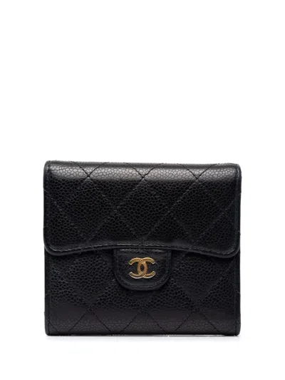 Pre-owned Chanel 2015-2016 Cc Quilted Caviar Trifold Wallet Small Wallets In Black