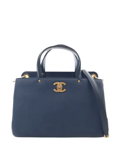 Pre-owned Chanel 2016-2017 Cc Caviar Turnlock Shopping Tote Satchel In Blue