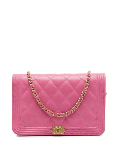 Pre-owned Chanel 2018-2019 Quilted Lambskin Boy Wallet On Chain Crossbody Bag In Pink