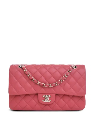 Pre-owned Chanel 2019 Medium Classic Lambskin Double Flap Shoulder Bag In Pink