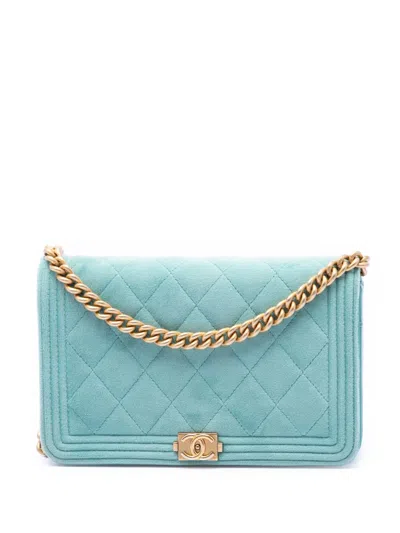 Pre-owned Chanel 2019 Quilted Velvet Boy Wallet On Chain Crossbody Bag In Blue