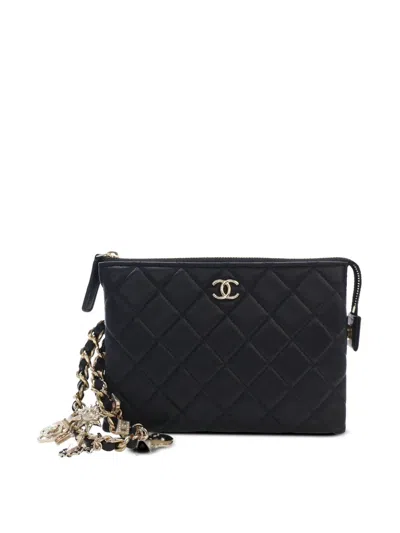 Pre-owned Chanel 2020 Cc Quilted Lambskin Coco Charms Chain Wristlet Pouch Clutch Bag In Black