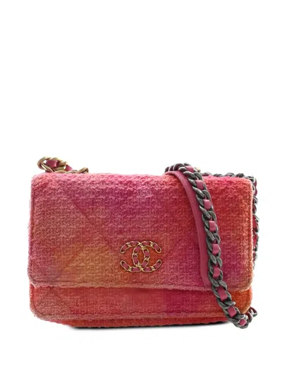 Pre-owned Chanel 2020 Tweed Ombre 19 Wallet On Chain Satchel In Pink
