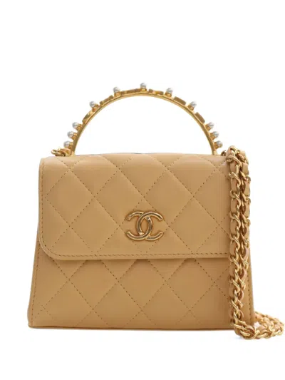 Pre-owned Chanel 2021-2026 Cc Quilted Lambskin Faux Pearl Top Handle Flap Satchel In Neutrals