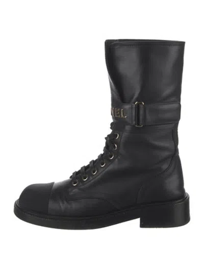 Pre-owned Chanel 2022 Leather Lace-up Boots In Black/gold