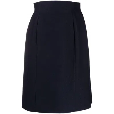 Pre-owned Chanel 80s Blue Textured Wool & Silk High-waist Straight Skirt