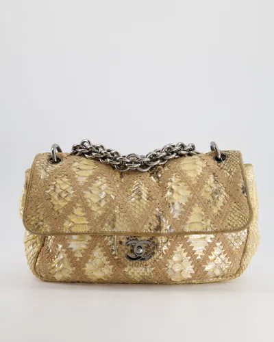 Pre-owned Chanel And Gold Python And Crochet Flap Shoulder Bag With Ruthenium Hardware And Large Chain Strap