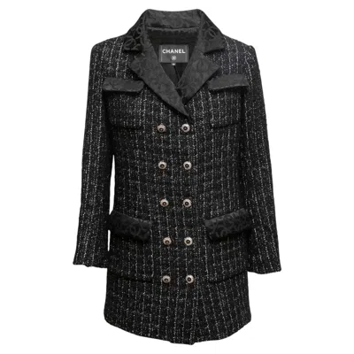 Pre-owned Chanel Black And White Cashmere And Wool-blend Double-breasted Tweed Coat By
