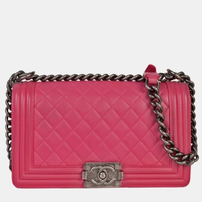 Pre-owned Chanel Calf Leather Medium Boy Shoulder Bags In Pink