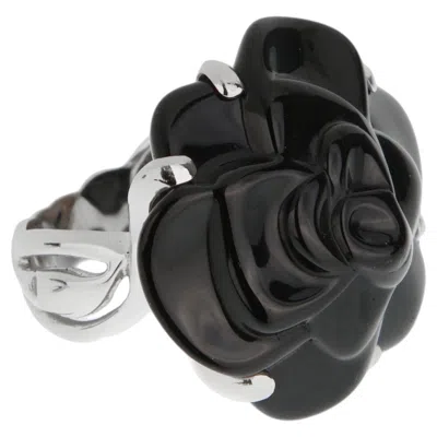 Pre-owned Chanel Camelia Large Onyx 18k White Gold Cocktail Ring Sz 5 1/2