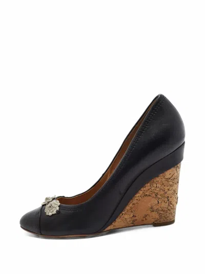 Pre-owned Chanel Camellia Wedge Pumps In Black