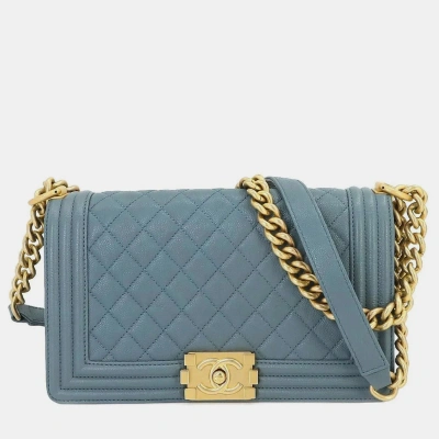 Pre-owned Chanel Caviar Leather Medium Boy Shoulder Bags In Blue