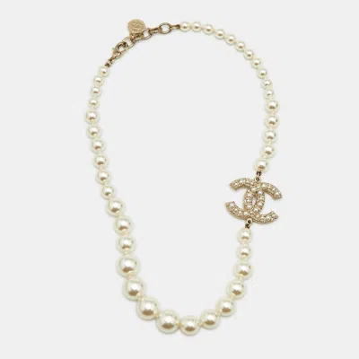 Pre-owned Chanel Cc 100th Anniversary Faux Pearl Gold Tone Choker Necklace