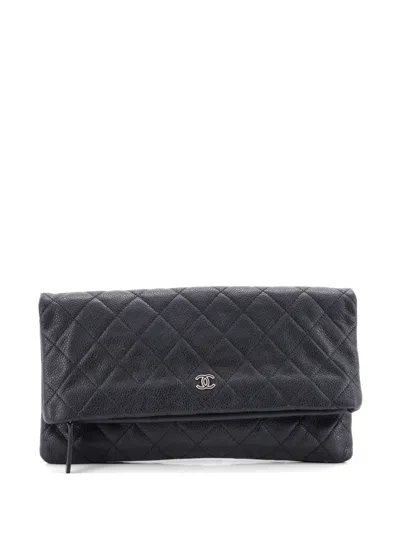 Pre-owned Chanel Cc Foldover Quilted Caviar Clutch Bag In Black