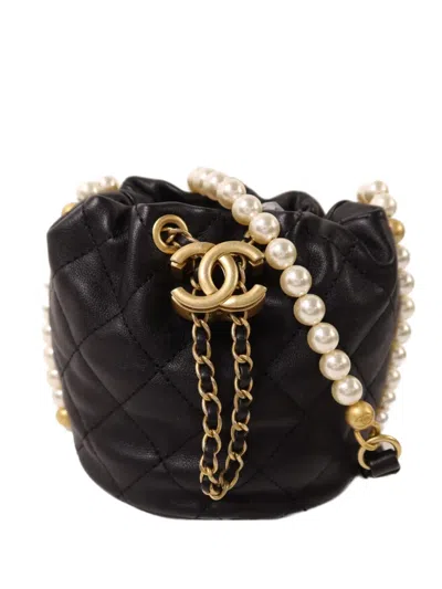 Chanel Cc Marck Pearl-strap Bucket Bag In Black