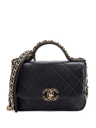 Pre-owned Chanel Chain Infinity Top Handle Bag Quilted Lambskin Mini Satchel In Black