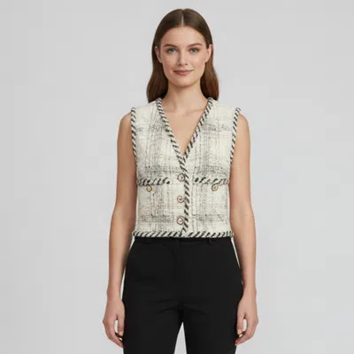 Pre-owned Chanel Cream/black Logo Button Detail Fantasy Tweed Vest S